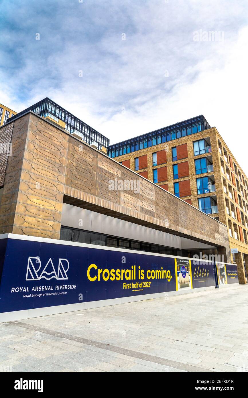 Crossrail is coming, first half of 2022 sign at the entrace of new Elizabth line, Woolwich, London, UK Stock Photo