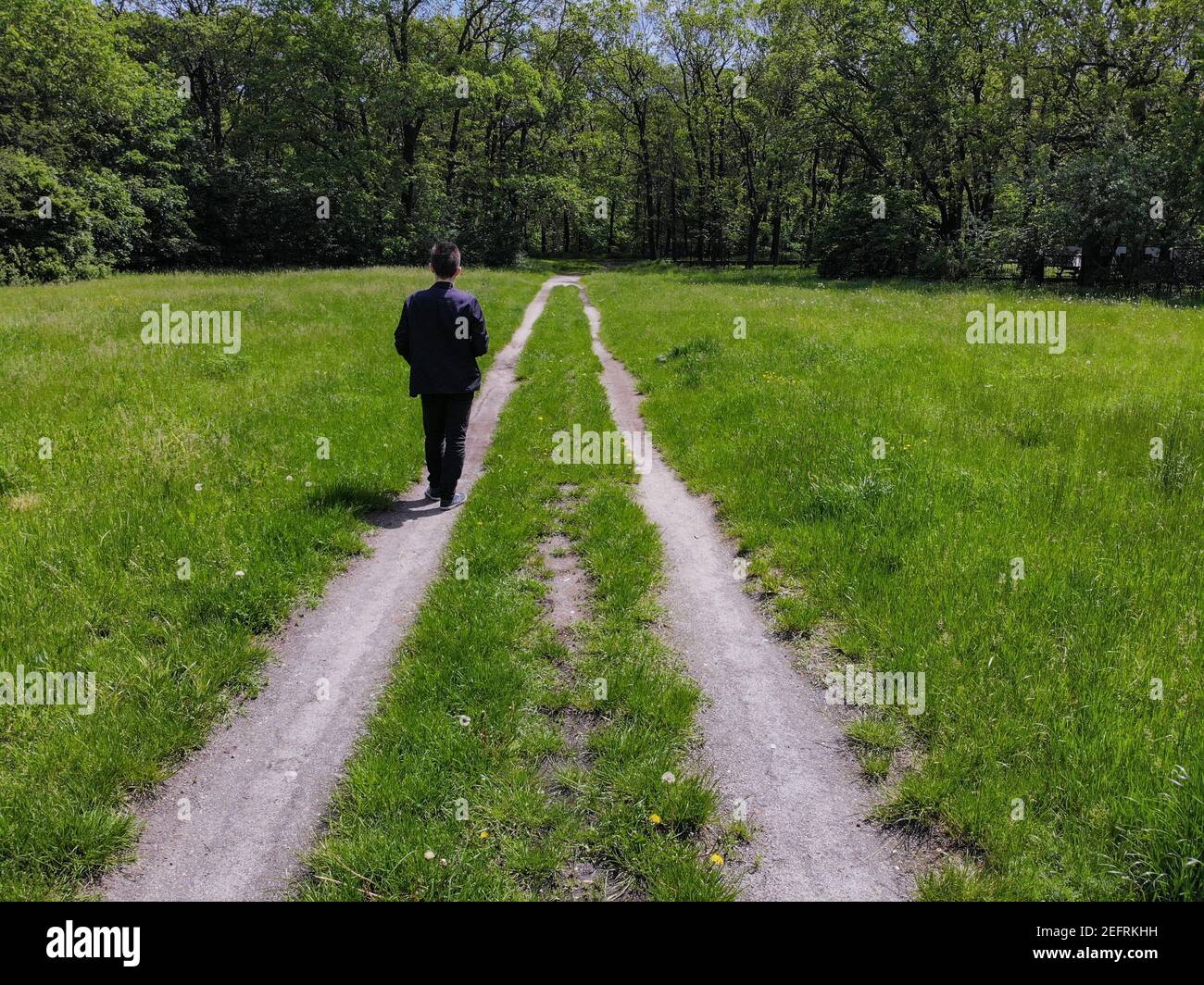 Man on double path at green clearing with trees around Stock Photo