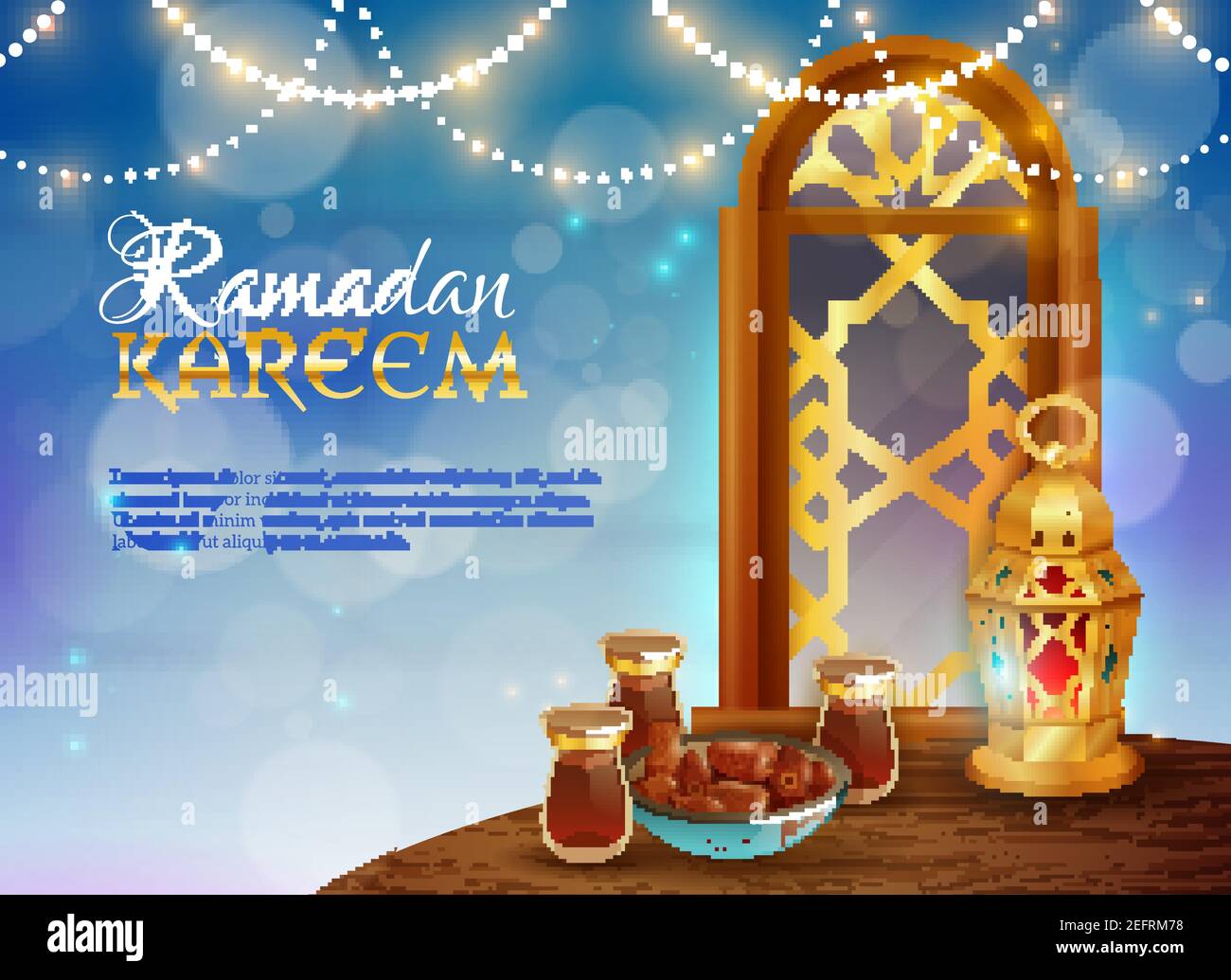 Ramadan kareem muslim holy month traditional festive food and light  guirlande decorative background realistic poster vector illustration Stock  Vector Image & Art - Alamy
