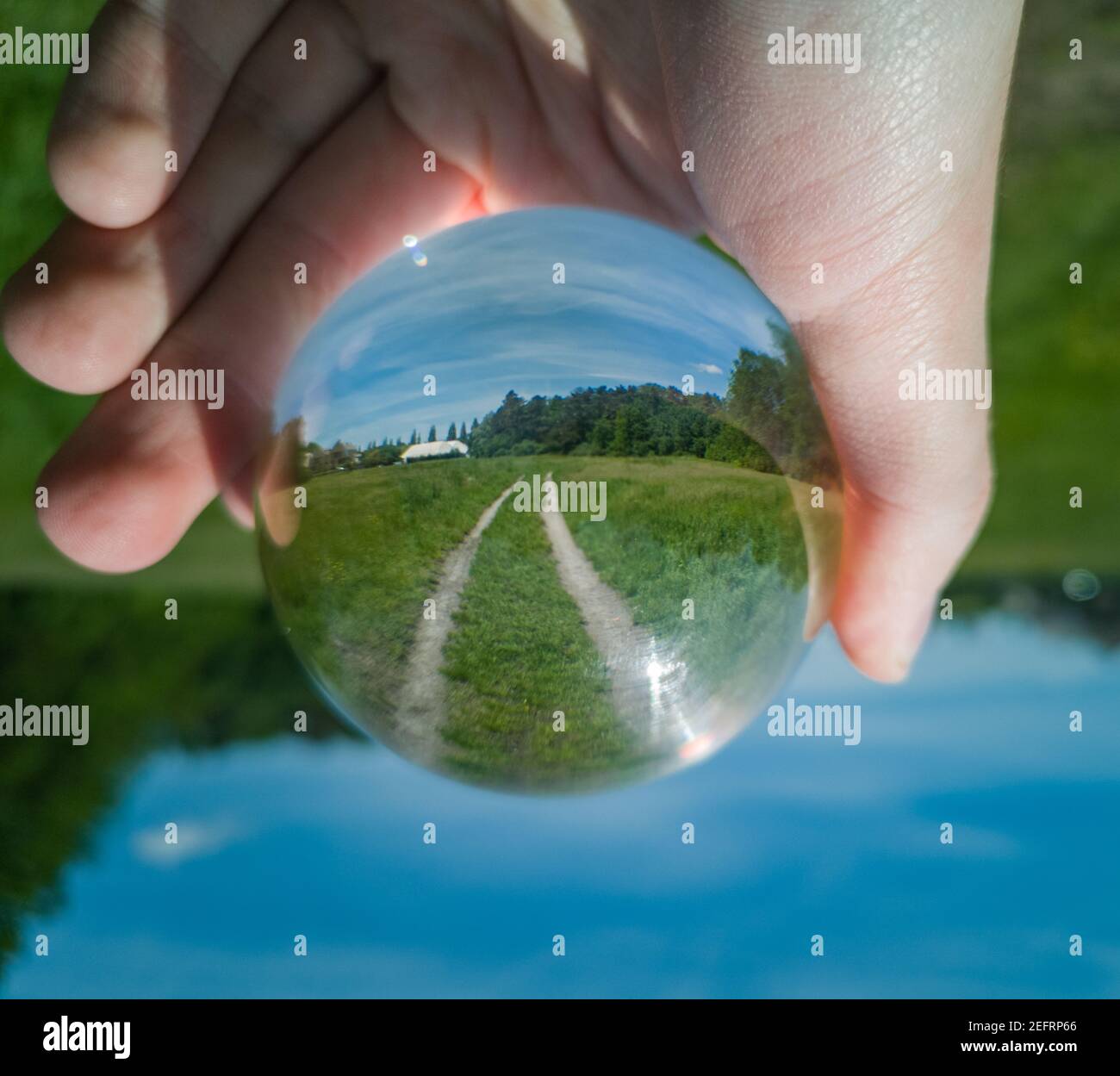 Landscape with Double path reflecting in crystal glass ball Stock Photo