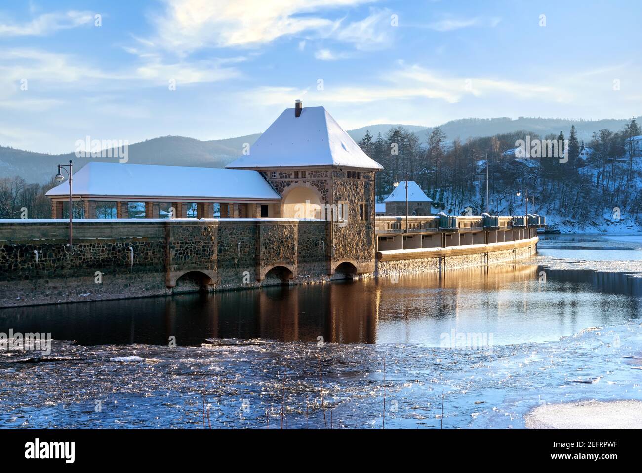 Beautiful landscape with snow at the Edersee with Eder dam (Edertalsperre) in winter. Stock Photo