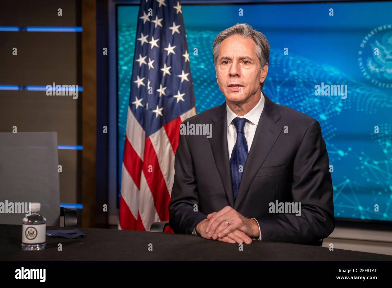 U.S. Secretary of State Antony Blinken records a video message from the Department of State Harry S. Truman Building February 16, 2021 in Washington, DC. Stock Photo