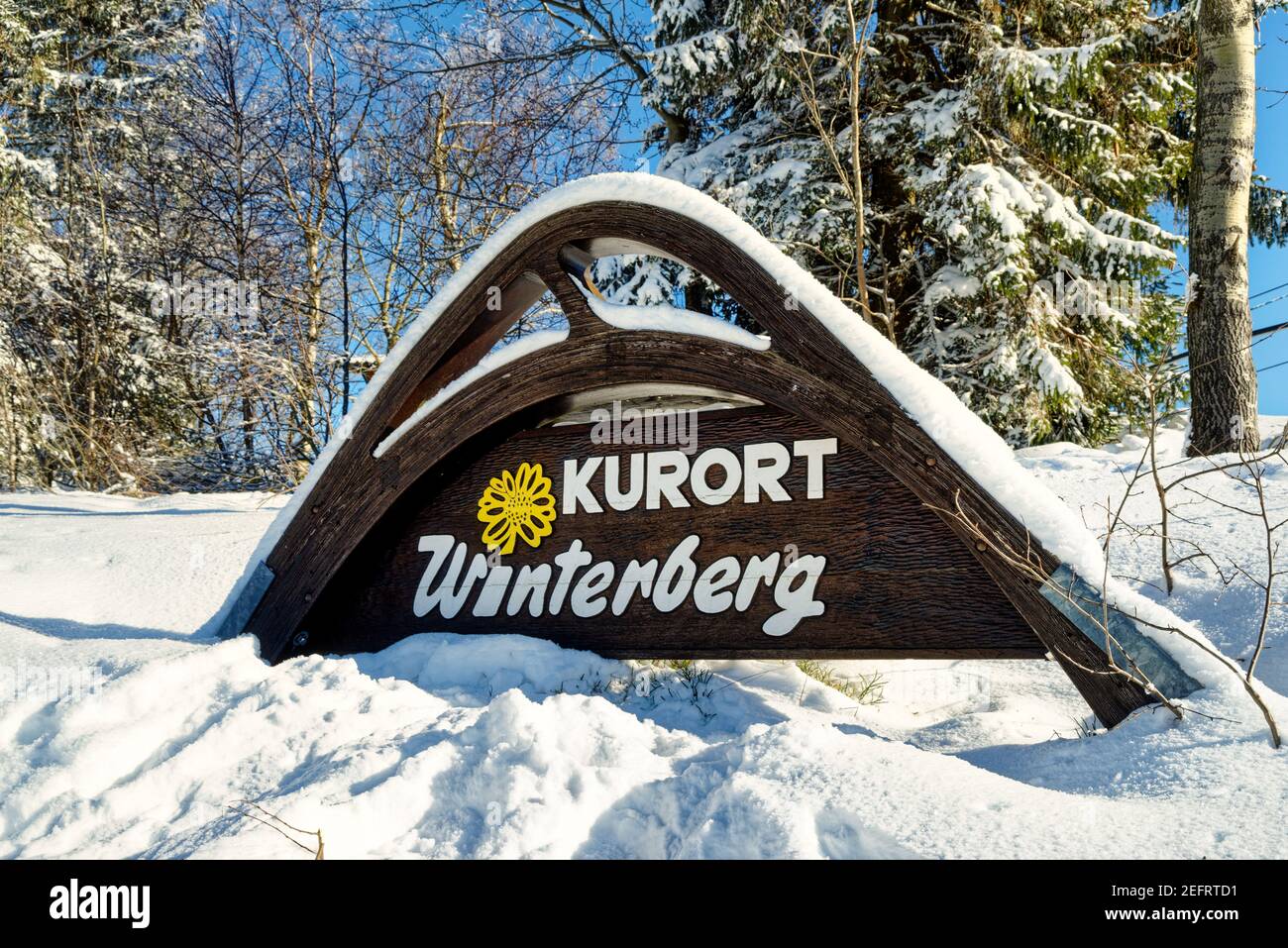 Board with lettering Kurort Winterberg (health spa Winterberg). Hochsauerland district of North Rhine-Westphalia Stock Photo