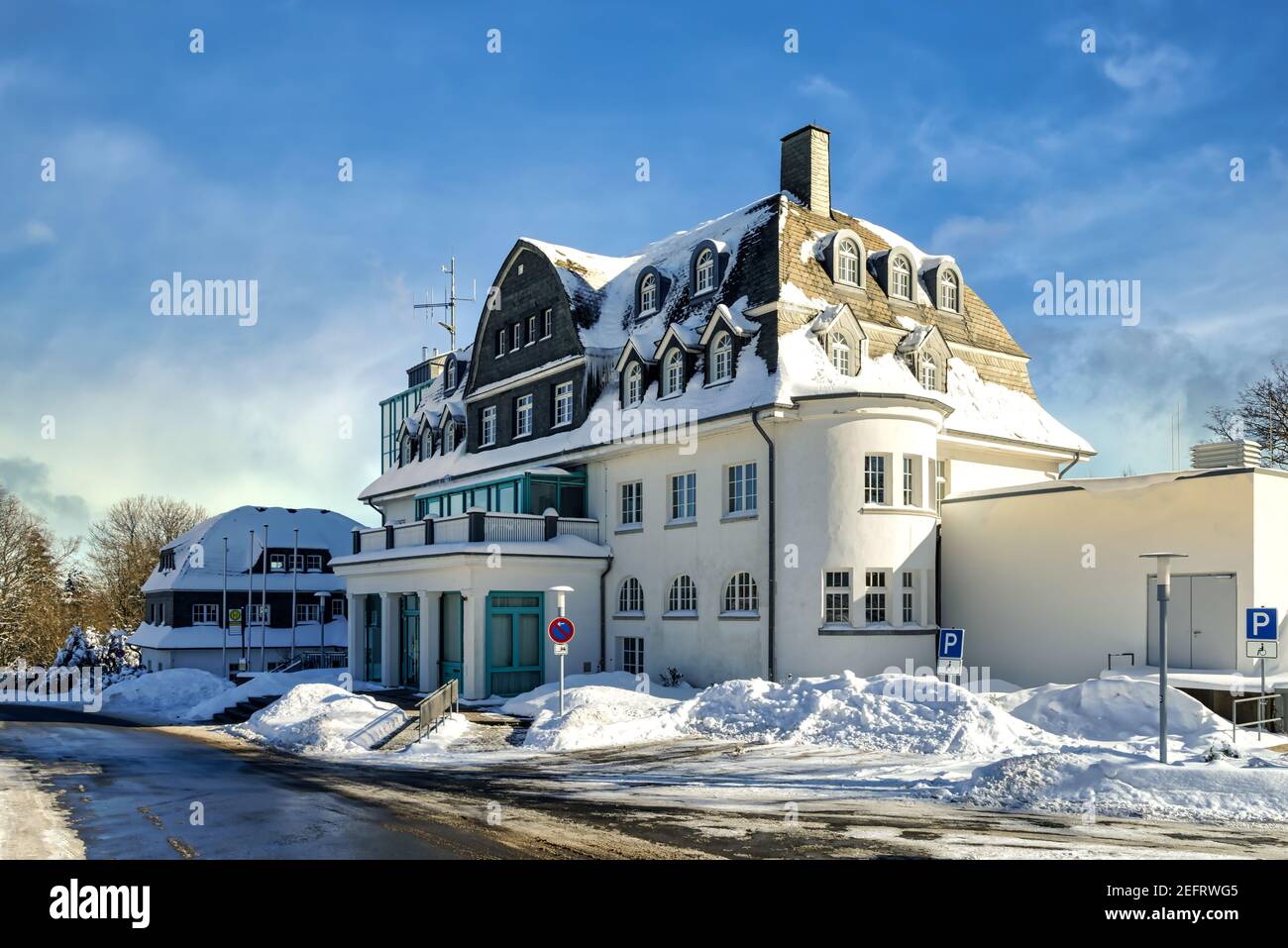 The town hall in in snowy Winterberg in the Hochsauerland district of North Rhine-Westphalia Stock Photo