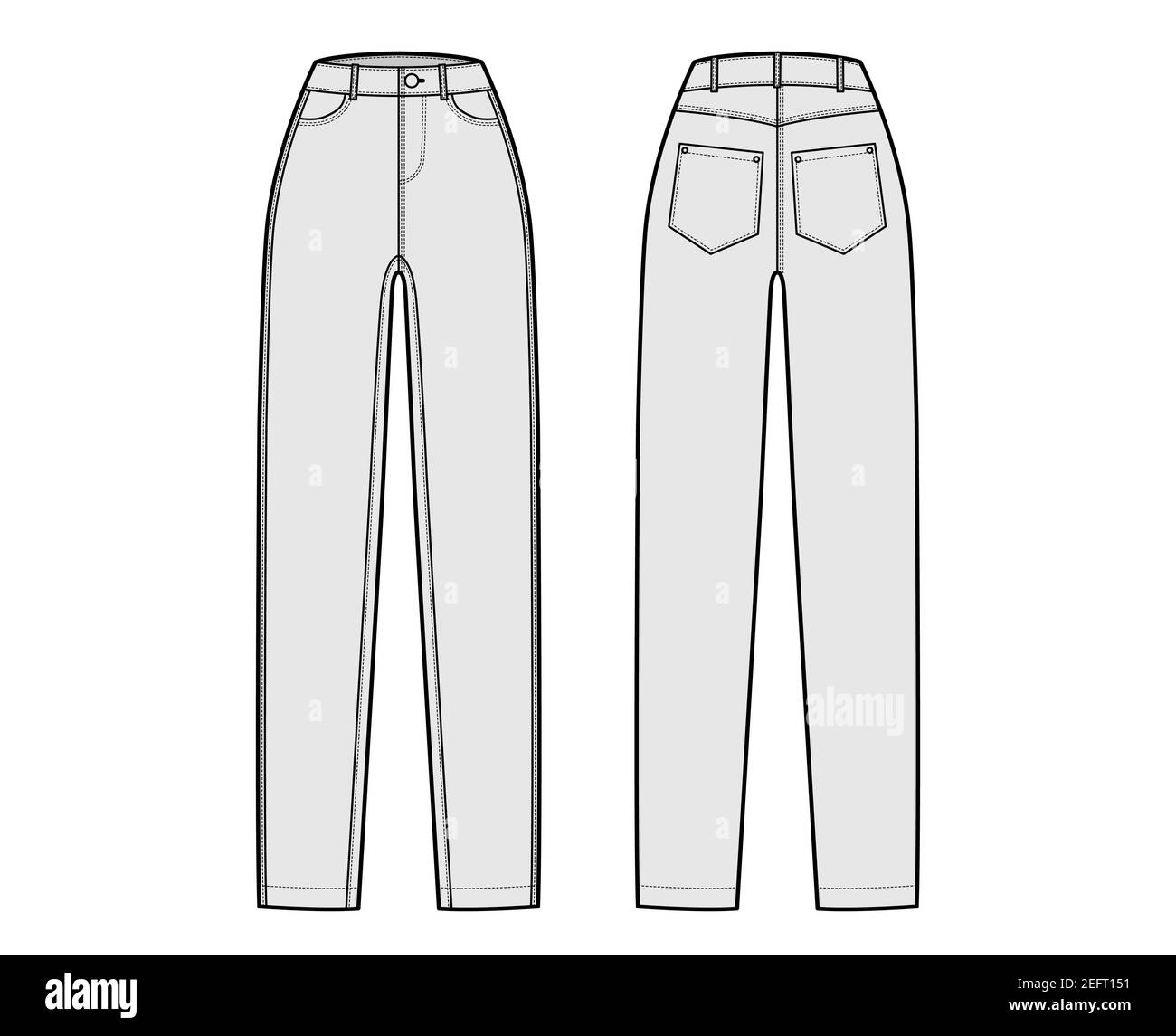 Skinny Jeans Denim pants technical fashion illustration with full length,  normal waist, high rise, coin, 5