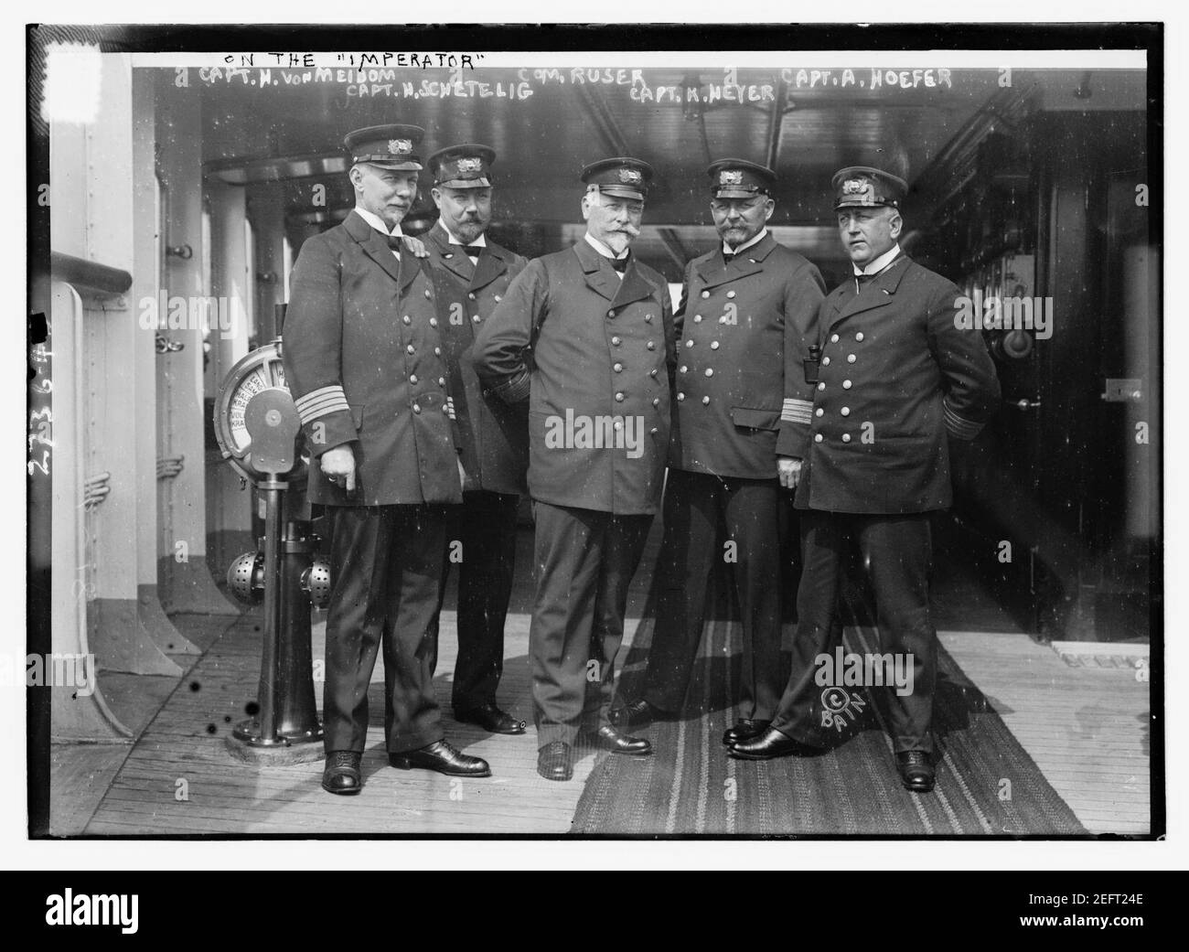 On the IMPERATOR, Capt. H. von Meibom, Com. Ruser, Capt. A. Hoefer, Capt. H. Schetelig, Capt. K. Meyer Stock Photo