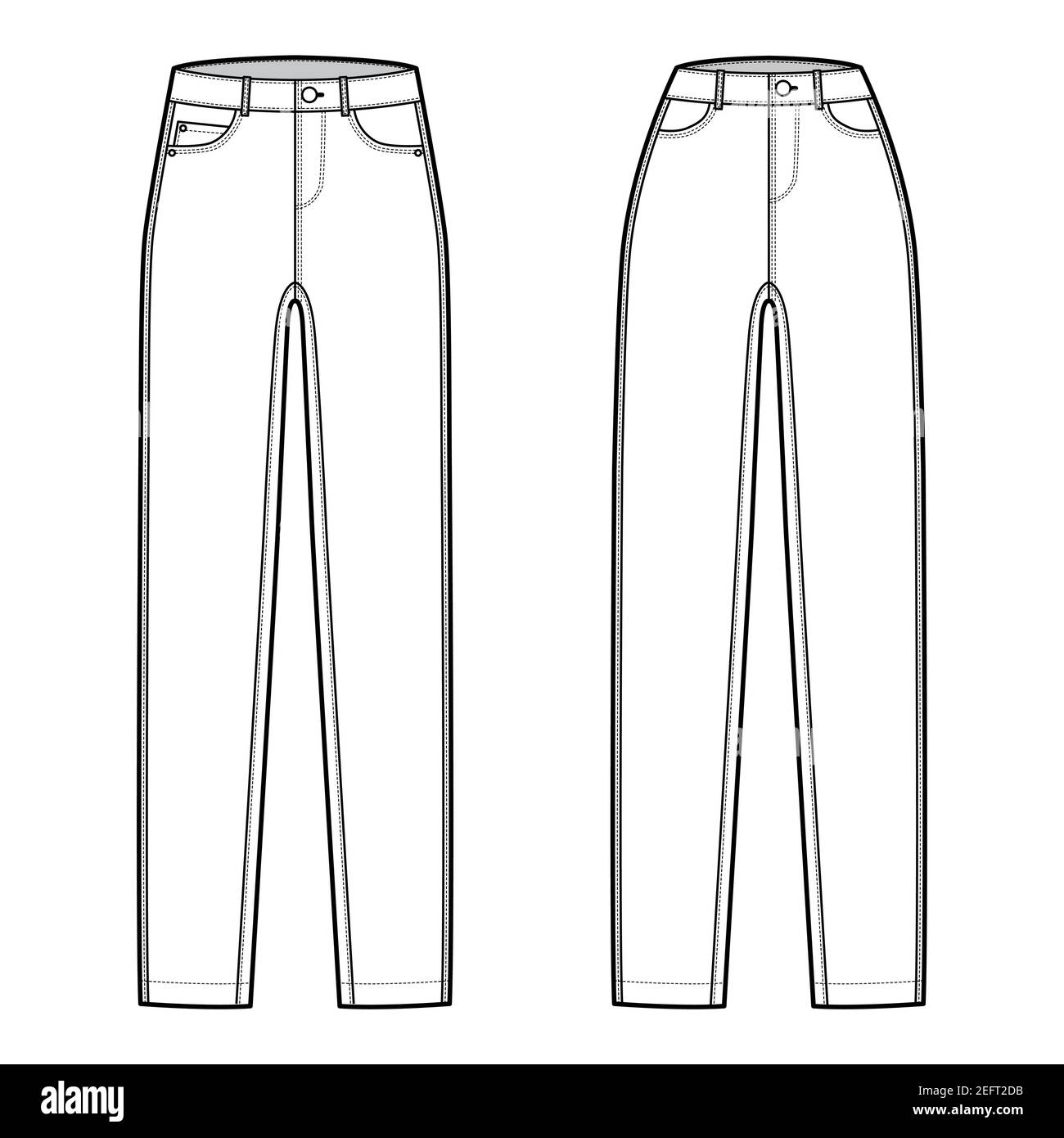 Set of Skinny Jeans Denim pants technical fashion illustration with full length, normal waist, high rise, 5 pockets, Rivets. Flat bottom template front, white color style. Women, men CAD mockup Stock Vector