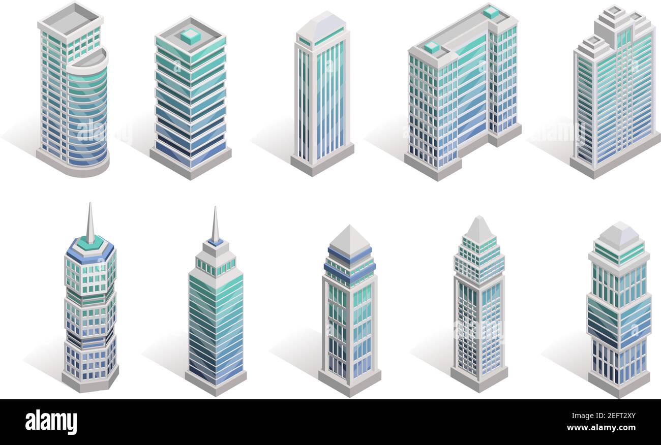 City houses isometric set with different skyscrapers isolated vector ...