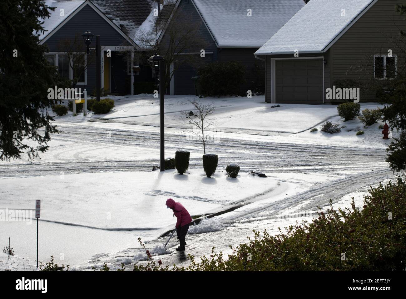 A woman shovels snow and ice on a neighborhood street in Lake Oswego, Oregon, on February 15, 2021, after snow and freezing rain. Stock Photo