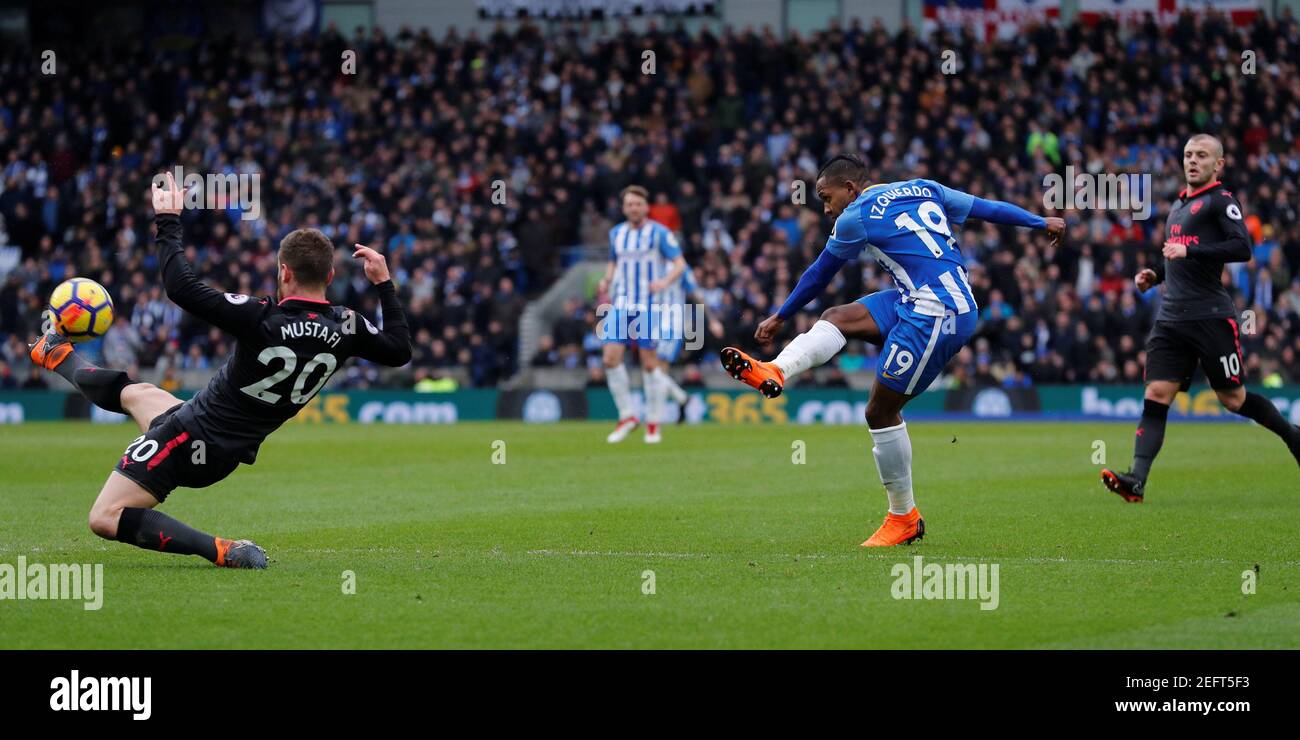 Soccer Football - Premier League - Brighton & Hove Albion vs Arsenal - The American Express Community Stadium, Brighton, Britain - March 4, 2018   Brighton’s Jose Izquierdo shoots at goal    REUTERS/Eddie Keogh    EDITORIAL USE ONLY. No use with unauthorized audio, video, data, fixture lists, club/league logos or 'live' services. Online in-match use limited to 75 images, no video emulation. No use in betting, games or single club/league/player publications.  Please contact your account representative for further details. Stock Photo