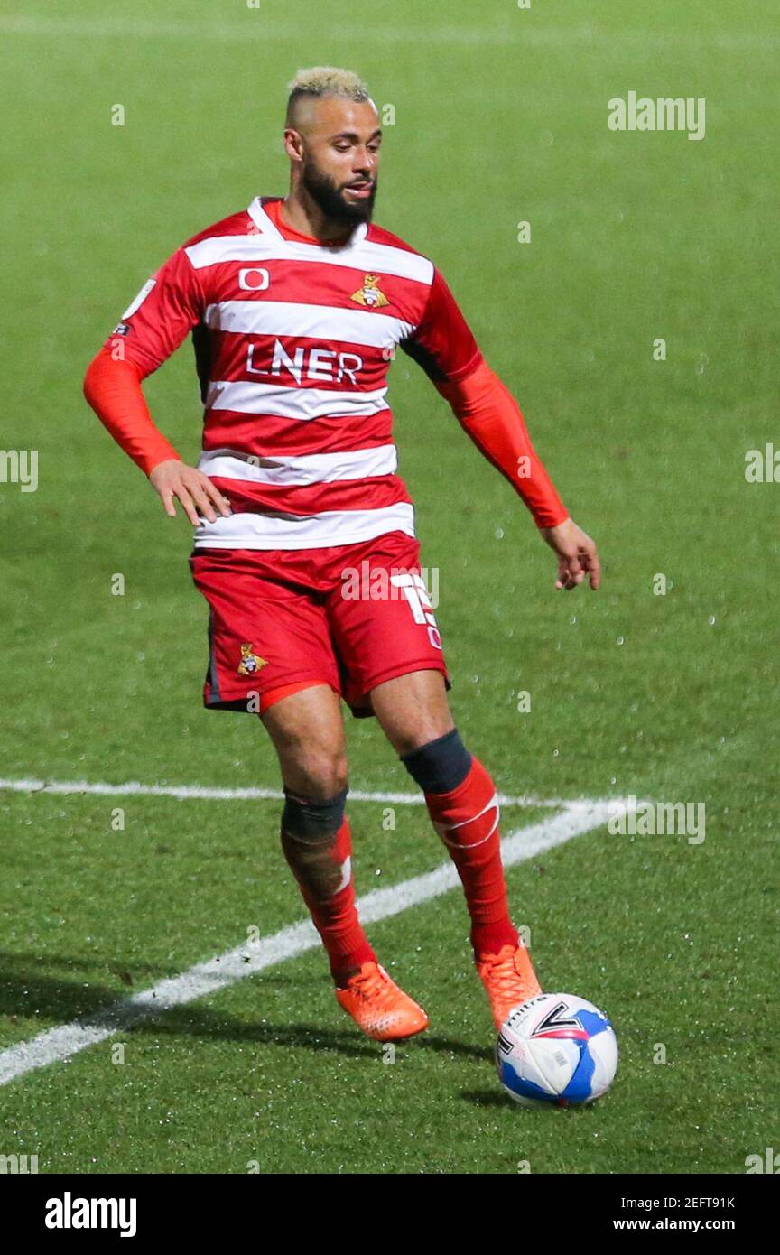 Doncaster, UK. 17th Feb, 2021. John Bostock #15 of Doncaster Rovers in action during the game in Doncaster, UK on 2/17/2021. (Photo by Isaac Parkin/News Images/Sipa USA) Credit: Sipa USA/Alamy Live News Stock Photo