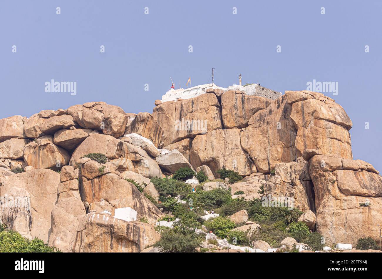 Hunumanahalli, Karnataka, India - November 9, 2013: Kishkinda, Anjanadri Hill, Anjaneya Parvat, the birthplace of Hanuman God now a white temple on to Stock Photo