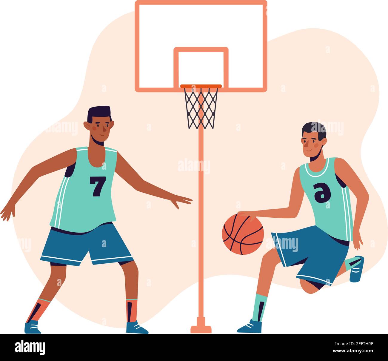 Men are playing basketball. Flat design concept with guys who go in for sports playing ball. Vector illustrations of athletes on a white background. Stock Vector