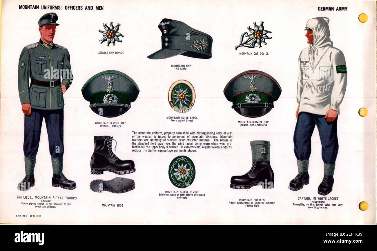 ONI JAN 1 Uniforms and Insignia Page 008 German Army WW2 Mountain uniforms. Officers and men. Signal troops, mountain cap, service caps, shoe, puttees, white jacket, Edelweiss device. Gebirgsjäger. June 1943 Field recognition No known. Stock Photo