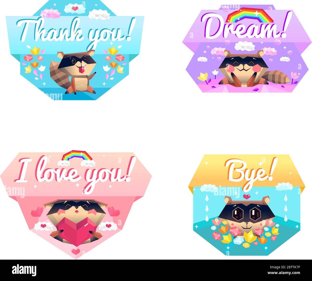Funny raccoon cartoon character 4 icons composition with love and thank you message colorful background isolated vector illustration Stock Vector
