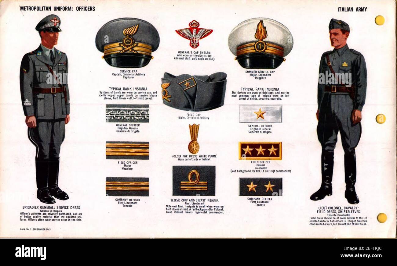 ONI JAN 1 Uniforms and Insignia Page 059 Italian Army WW2 Metropolitan uniform Officers. Brigadier general service dress. Field and service caps. Rank insignia, Cavalry field dress shirtsleeves. Sept 1943 US field recognition Stock Photo