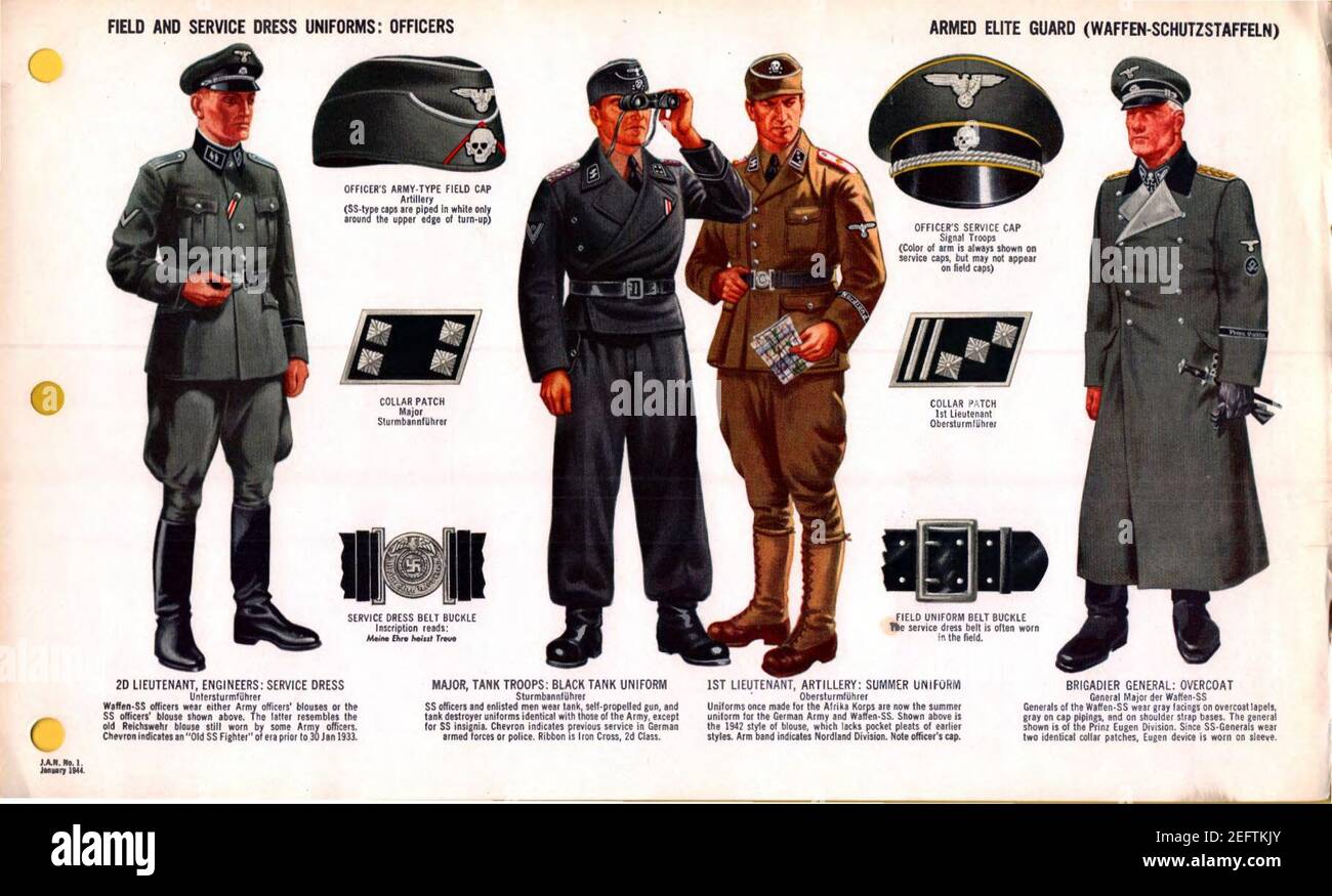 ONI JAN 1 Uniforms and Insignia Page 046 German Armed Elite Guard Waffen-SS WW2 Field service dress uniforms. Officers. Service dress, tank troops, summer uniform, overcoat, caps, buckle, collar patches. Jan. 1944 Field recognition. No. Stock Photo