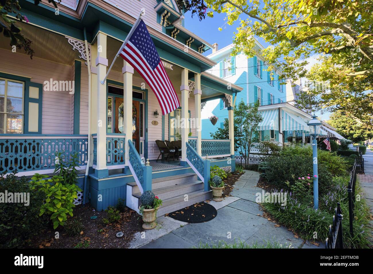 Historic Victorian Style Homes in Cape May on Columbia Avenue, New Jersey Stock Photo