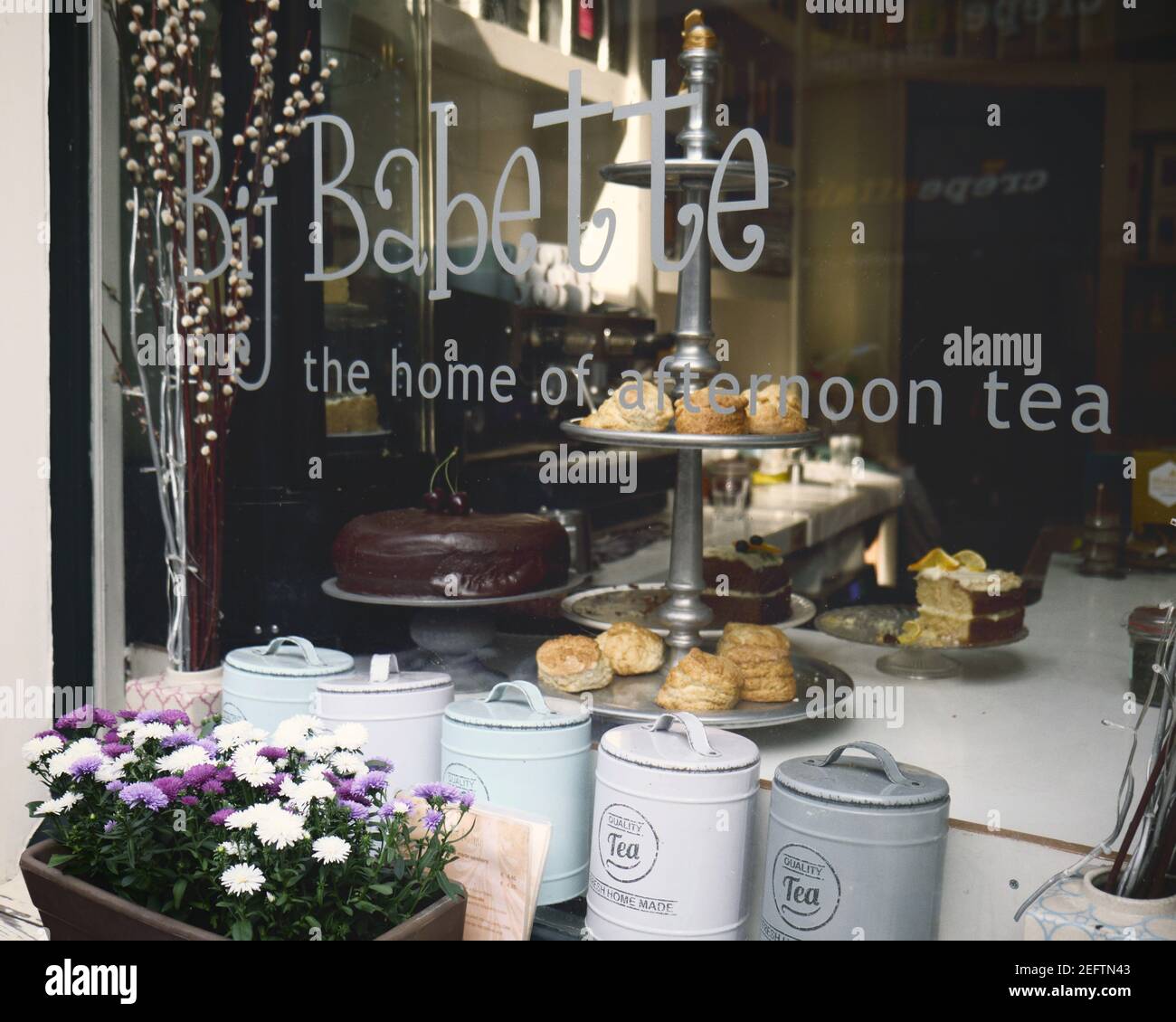 Shop window of a Traditional Tea House With Pastries and Tea Canisters, Haarlem, Amsterdam, The Netherlands Stock Photo