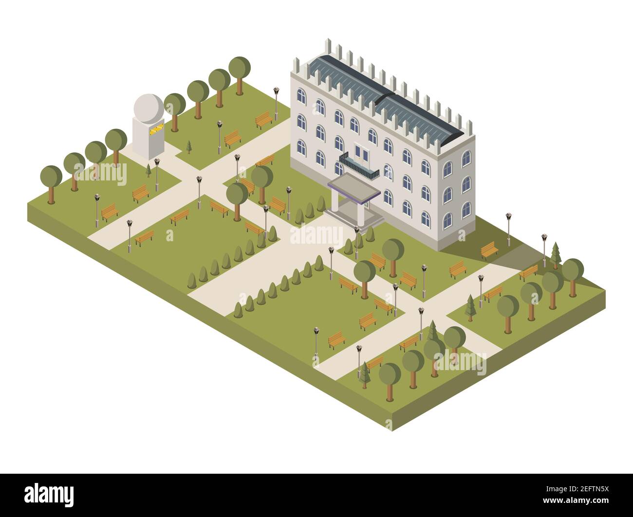 Isometric university composition with university building park and ...