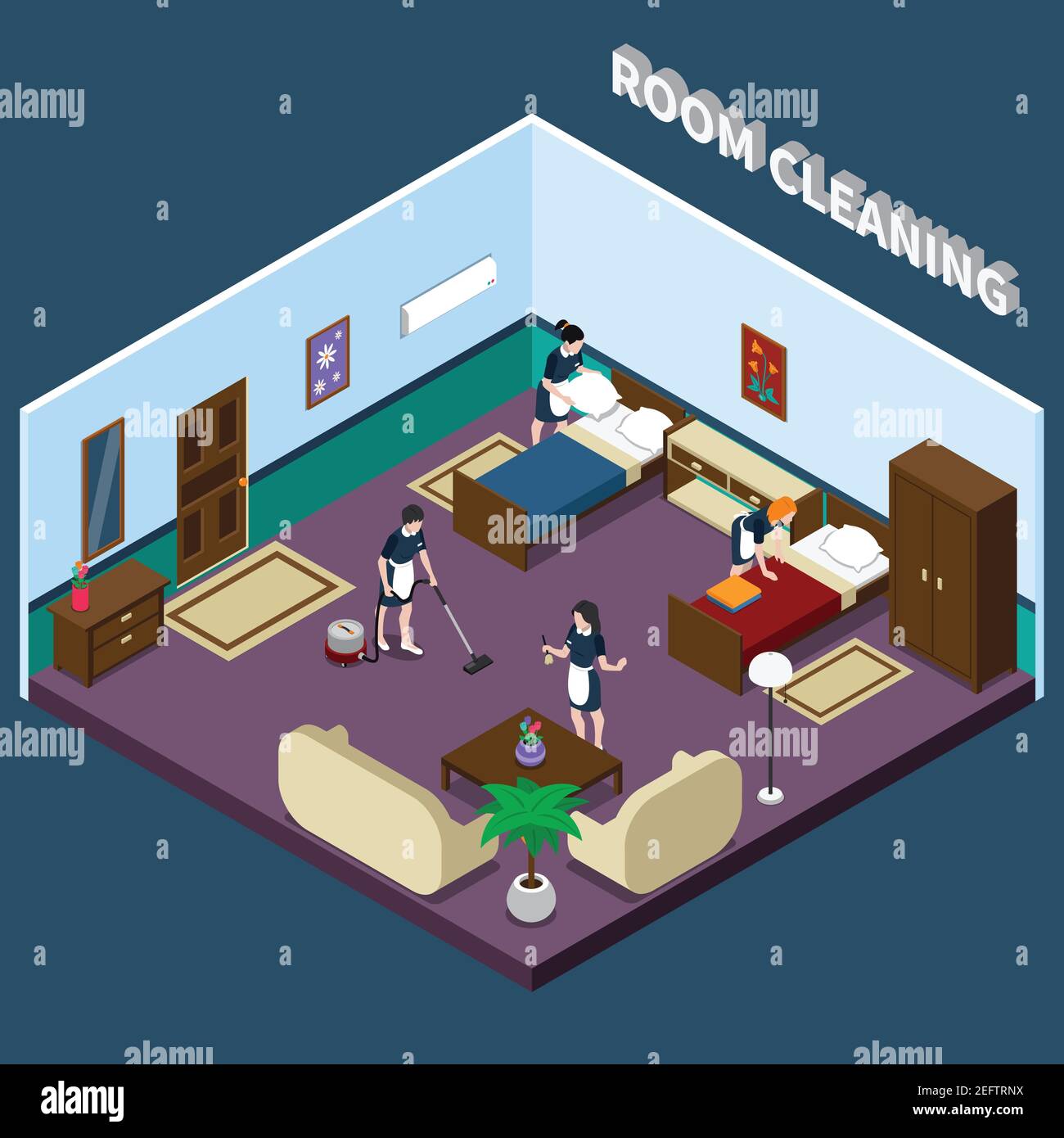 Cleaning hotel room isometric design with team of maids interior elements on dark background 3d vector illustration Stock Vector