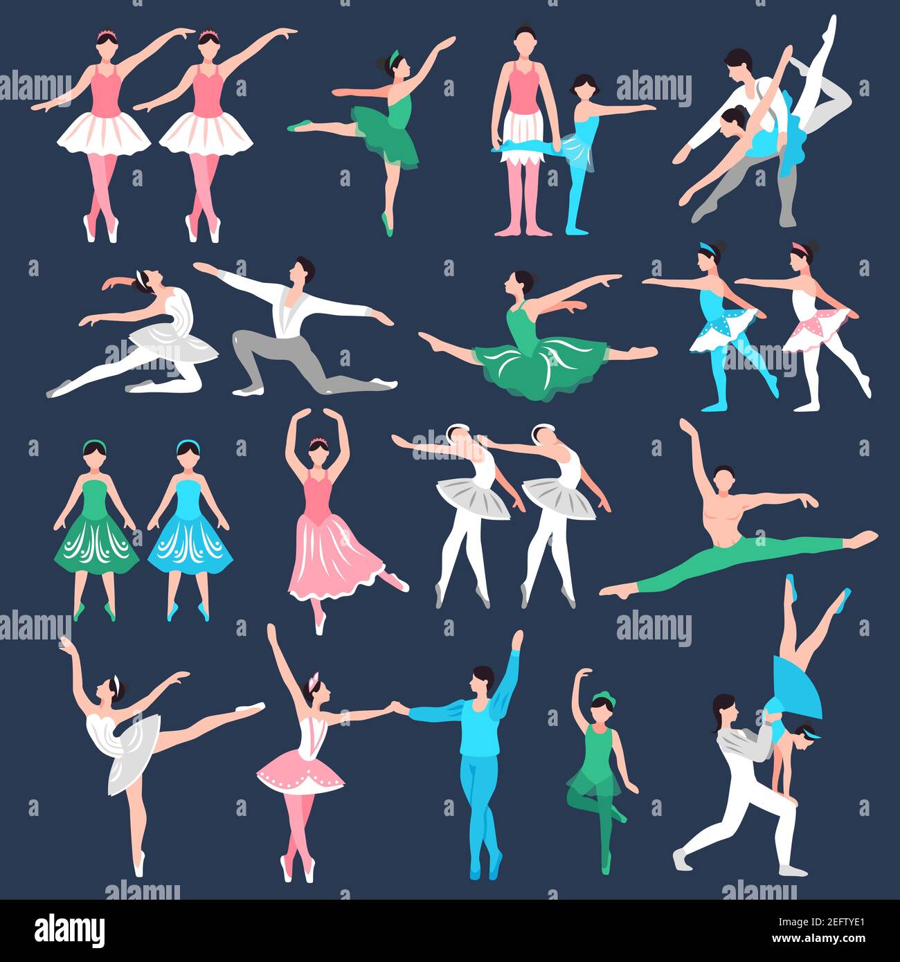 Set of ballet dancers in stage costume teacher and little ballerinas on black background isolated vector illustration Stock Vector