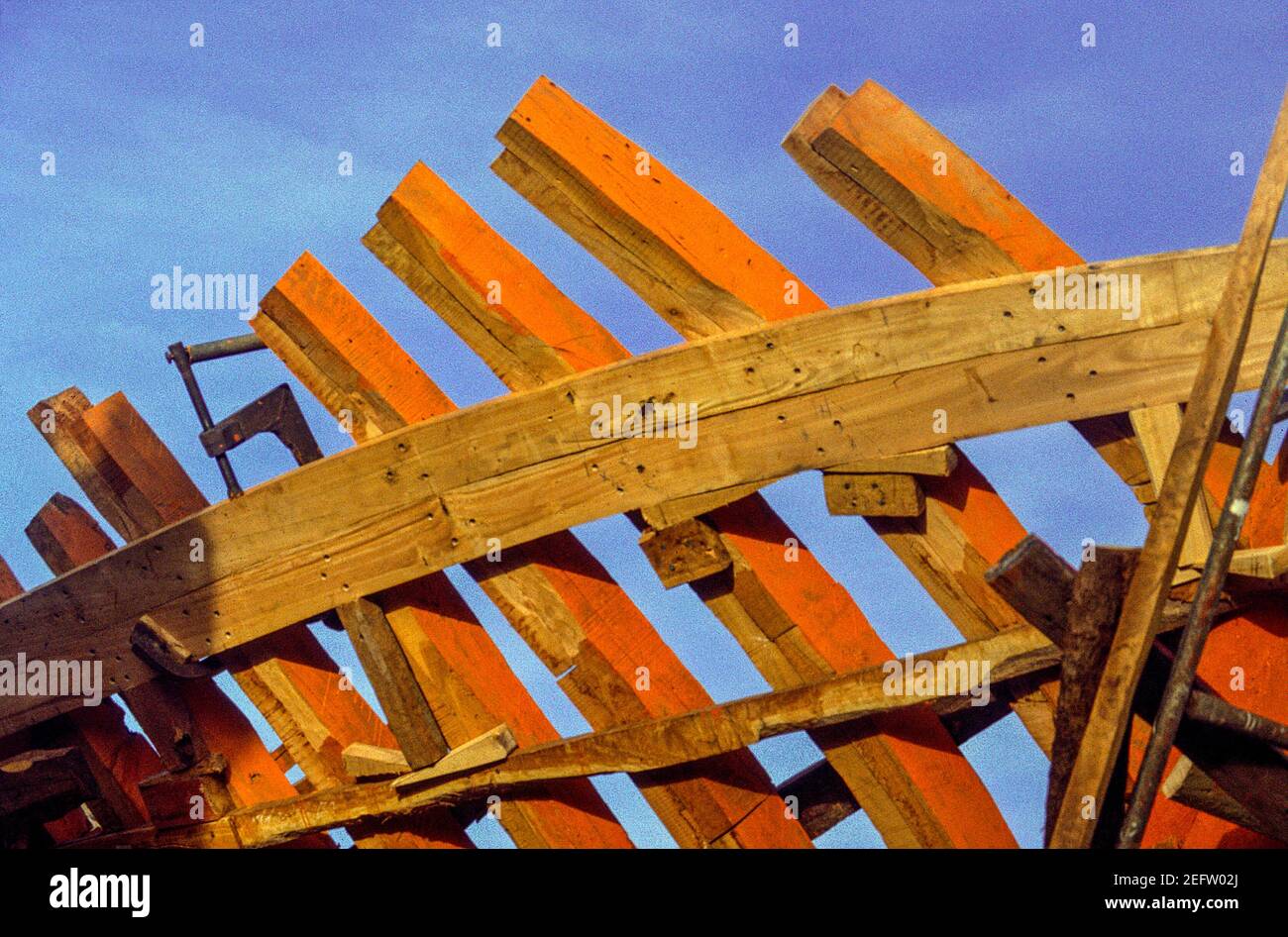 Boat building in Agadir, Morocco, 1987. The boats under construction