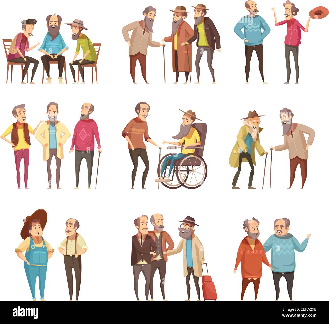 Senior men groups socialization activities retro cartoon icons collection with cane and in wheel chair vector illustration Stock Vector