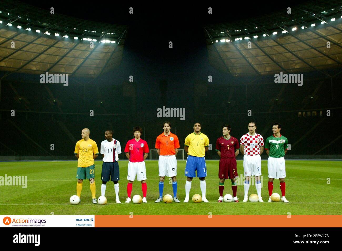 Football - Nike - 2006 World Cup Official Kit Launch for Brazil, Portugal, Australia, Holland, Korea, Mexico, Croatia & USA - Olympic Stadium, Berlin, Germany - 13/2/06  (L-R) Australia's Marco Bresciano, Damarcus Beasley of the U.S., Korea's JS Park, Holland's Ruud van Nistelrooy, Brazil's Adriano, Portugal's Luis Figo, Croatia's Dado Prso and Mexico's Jared Borgetti pose with their kits for the FIFA World Cup 2006  Mandatory Credit: Action Images / Tobias Schwarz  Livepic Stock Photo