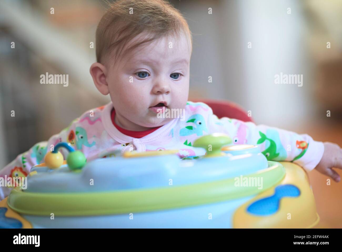 baby learning to walk in walker Stock Photo Alamy