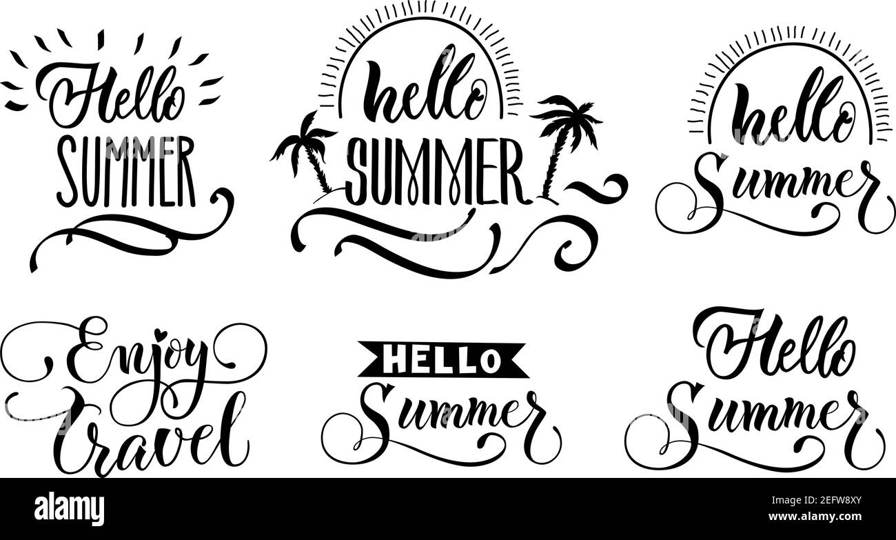 Summer lettering set of isolated monochrome emblems with ornate text ...