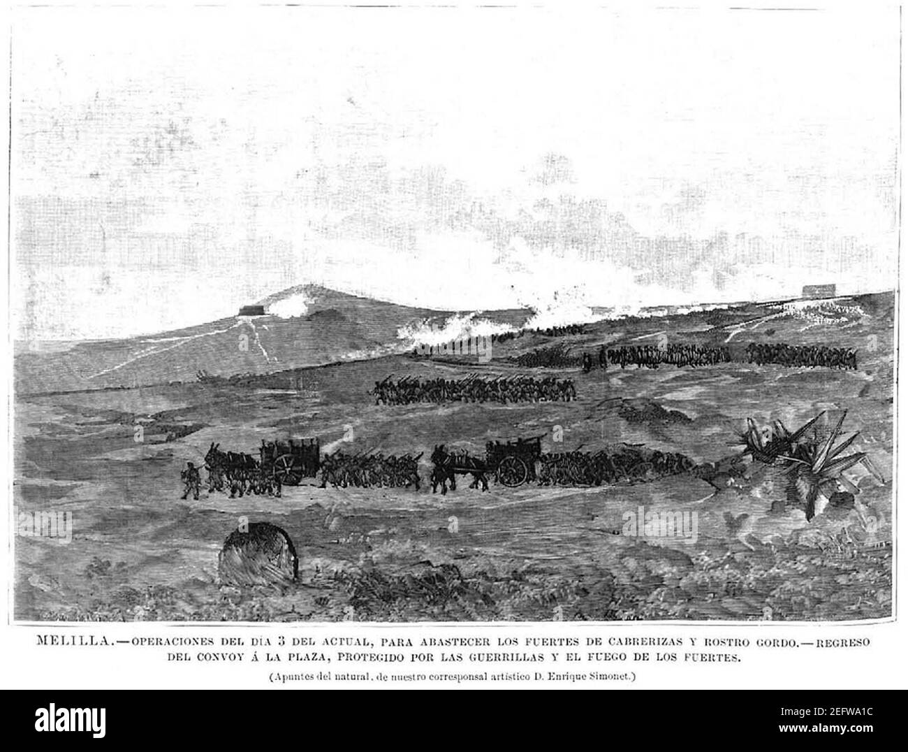 Operaciones del 3 de noviembre de 1893 para abastecer los fuertes de Cabrerizas y Rostro Gordo, regreso del convoy a la plaza, protegido por las guerrillas y el fuego de los fuertes. Stock Photo