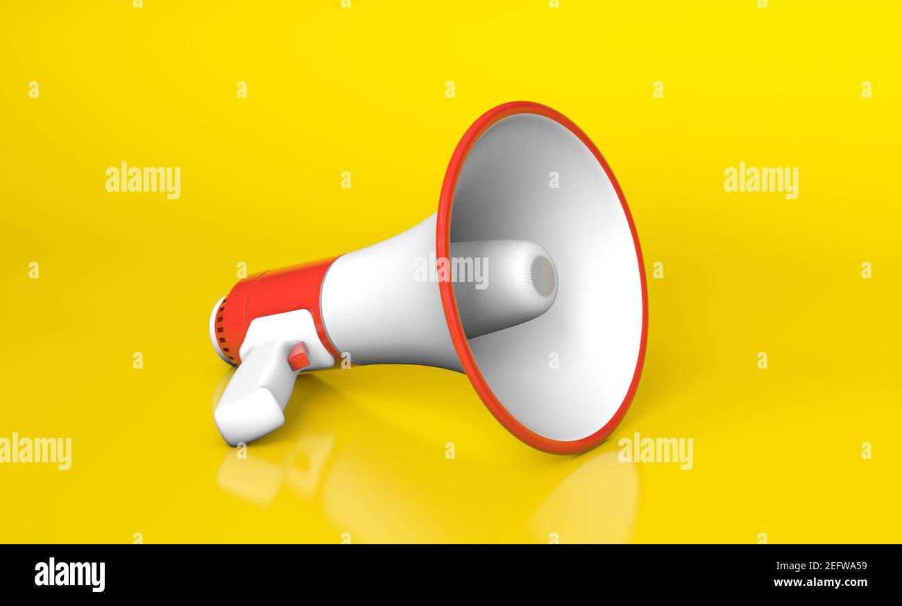 Red megaphone loudspeaker on yellow background. 3d render Stock Photo