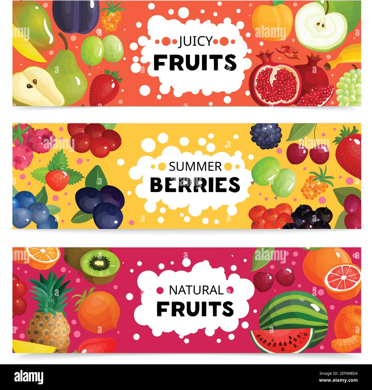 Set of three horizontal berries and fruits banners with colorful images ...