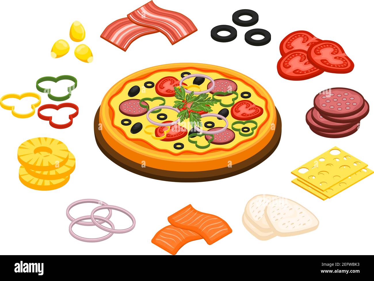 Cooking pizza concept with pineapple olives and cheese flat isolated