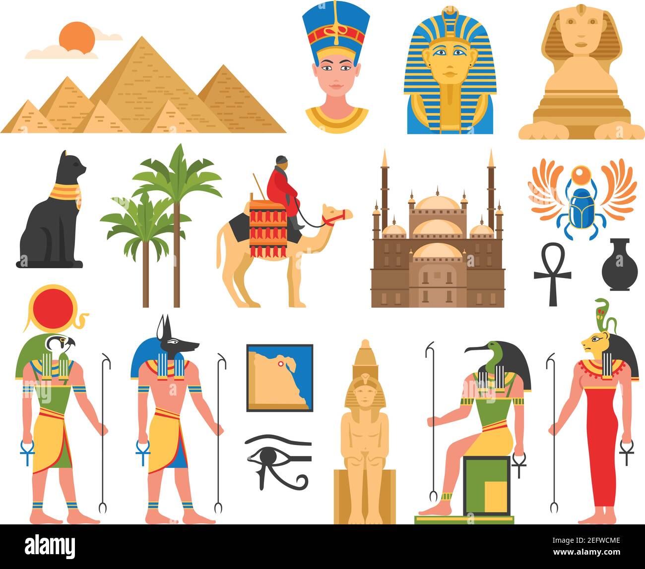 Egypt set of ancient egyptian idols statues and architectural structures flat isolated images on blank background vector illustration Stock Vector