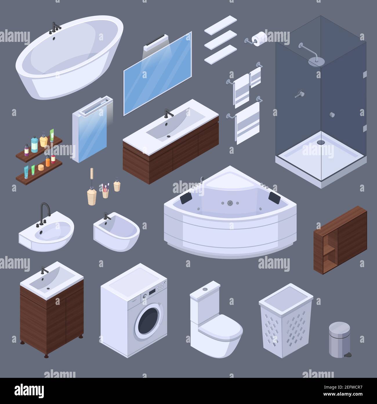 Bathroom isometric interior elements with pieces of furniture and ...