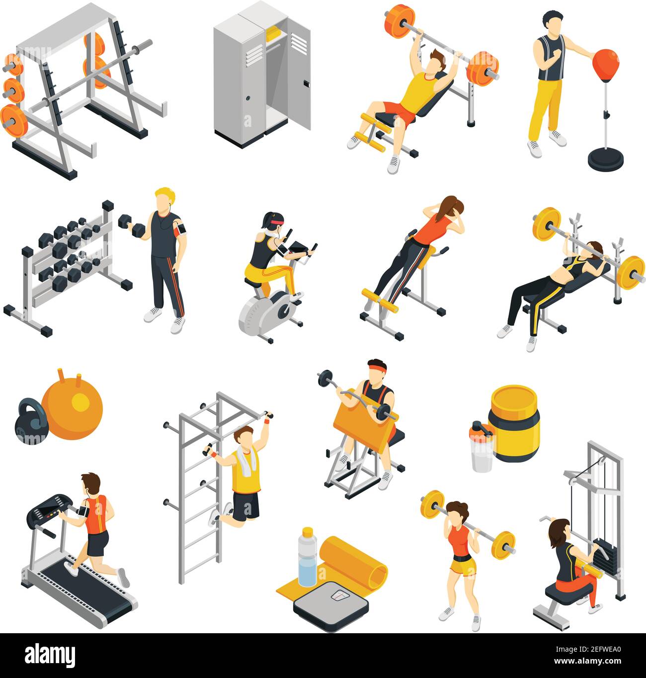 Fitness isometric icons set with people training in gym using sport ...