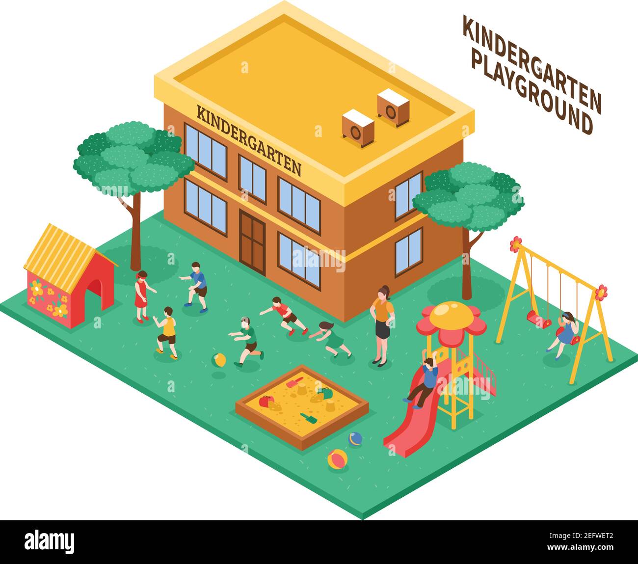 Kindergarten outdoor isometric composition with playground kindergarten ...