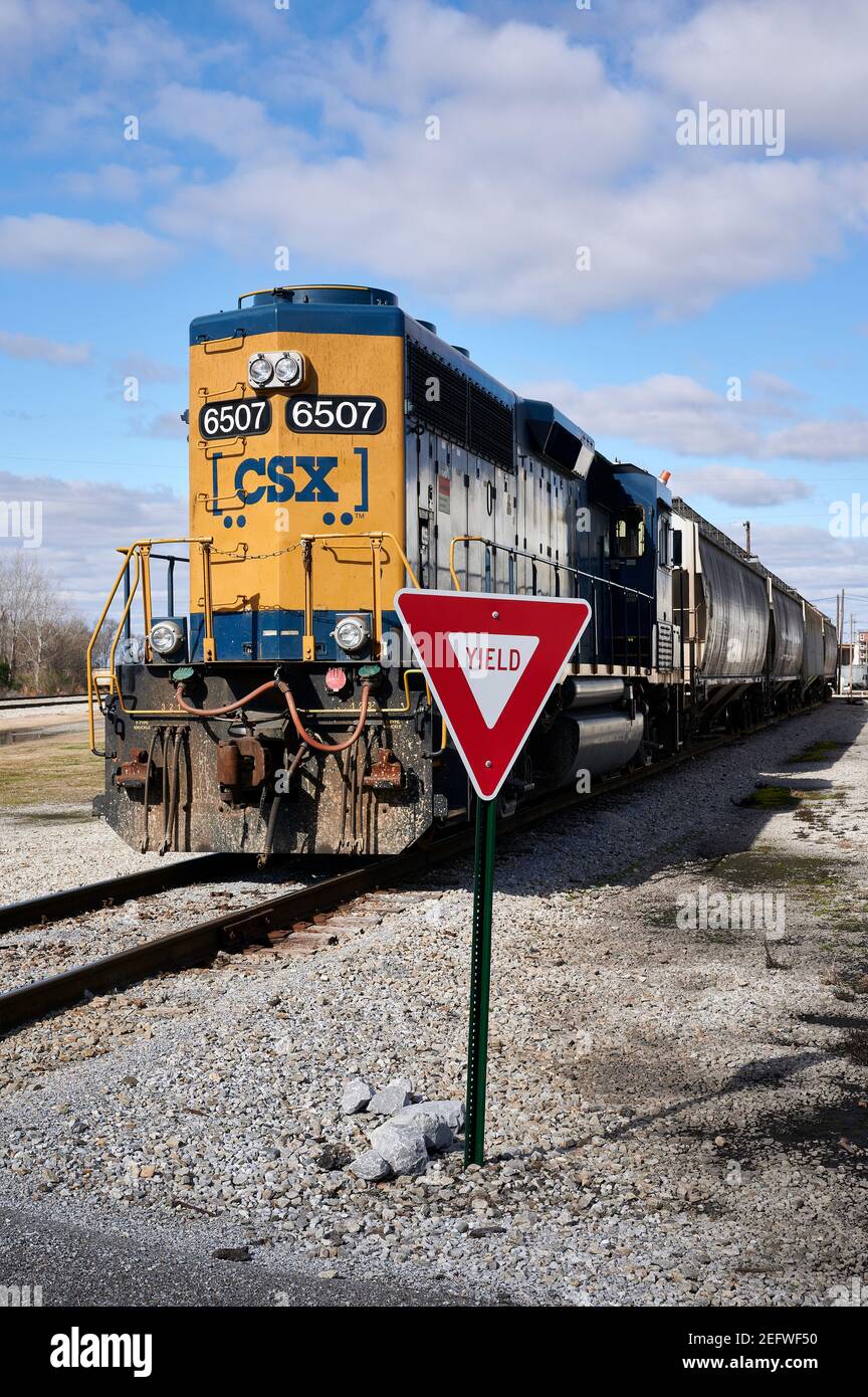 CSX Transportation locomotive, EMD SD40-2, #6507, in switching yard pushing freight cars, in Montgomery Alabama, USA. Stock Photo