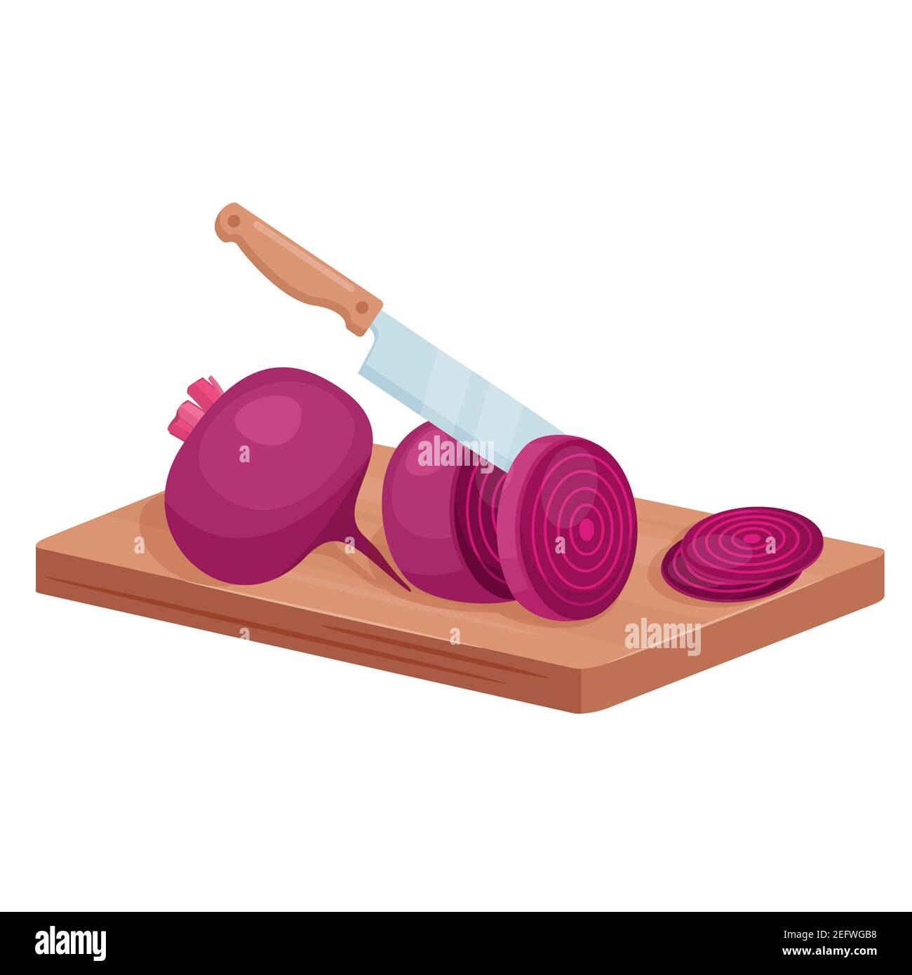 Cut beet slices, isometric cooking process with kitchen knife and ripe red beet vegetable Stock Vector