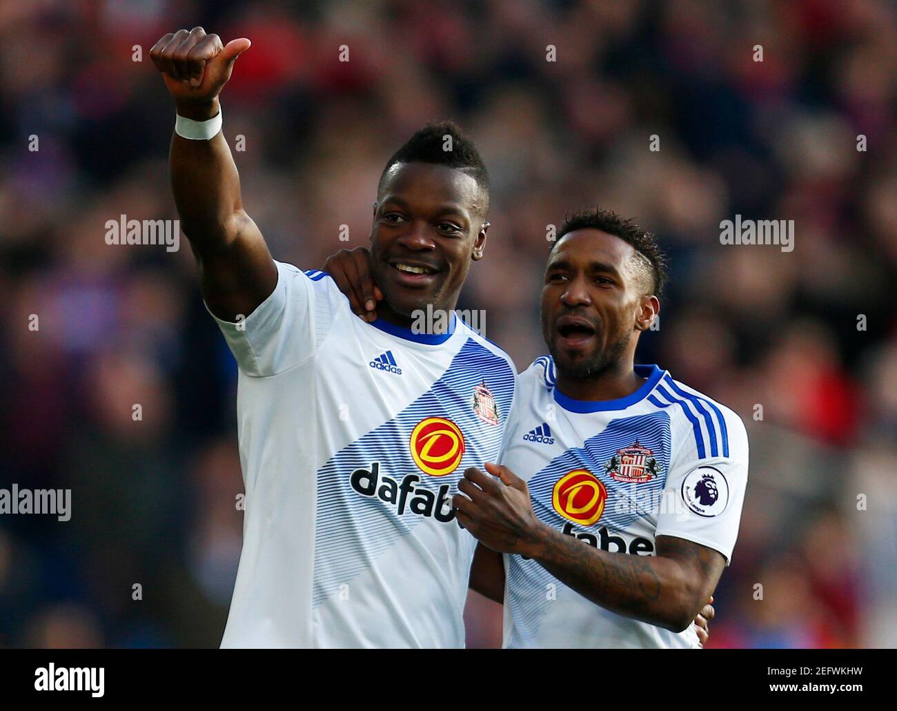 Britain Football Soccer - Crystal Palace v Sunderland - Premier League - Selhurst Park - 4/2/17 Sunderland's Lamine Kone celebrates scoring their first goal with Sunderland's Jermain Defoe  Reuters / Andrew Winning Livepic EDITORIAL USE ONLY. No use with unauthorized audio, video, data, fixture lists, club/league logos or 'live' services. Online in-match use limited to 45 images, no video emulation. No use in betting, games or single club/league/player publications.  Please contact your account representative for further details. Stock Photo