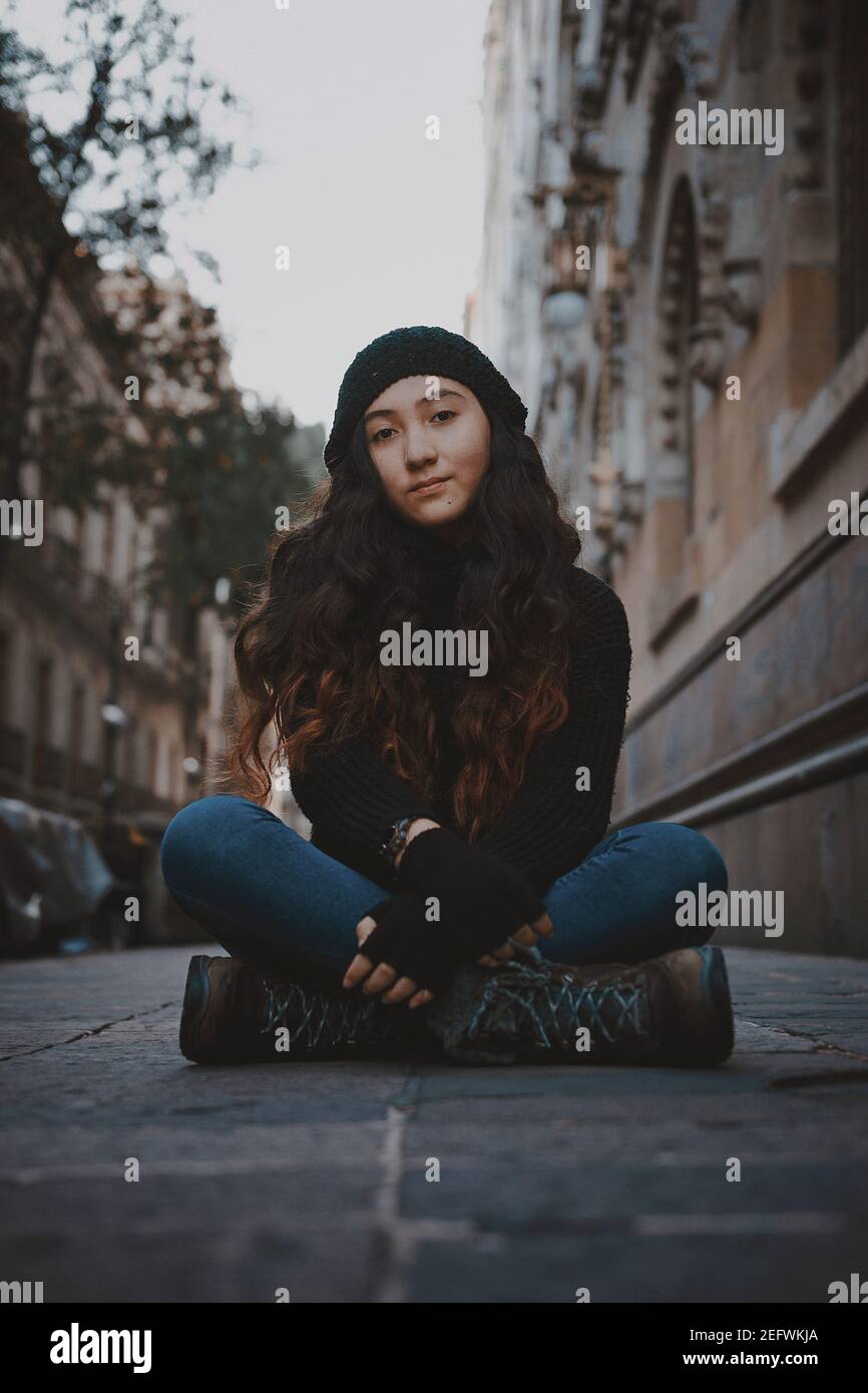 Young girl posing with warm clothes Stock Photo