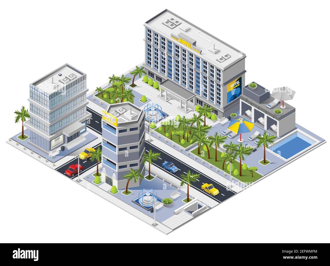 Luxury hotel buildings isometric design concept with south urban landscape and city transport vector illustration Stock Vector