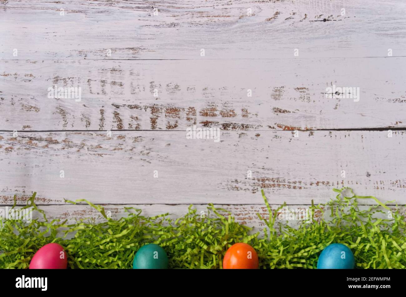 Four colorful painted easter eggs on bottom of frame on top of easter grass, with white wooden background and copy space Stock Photo