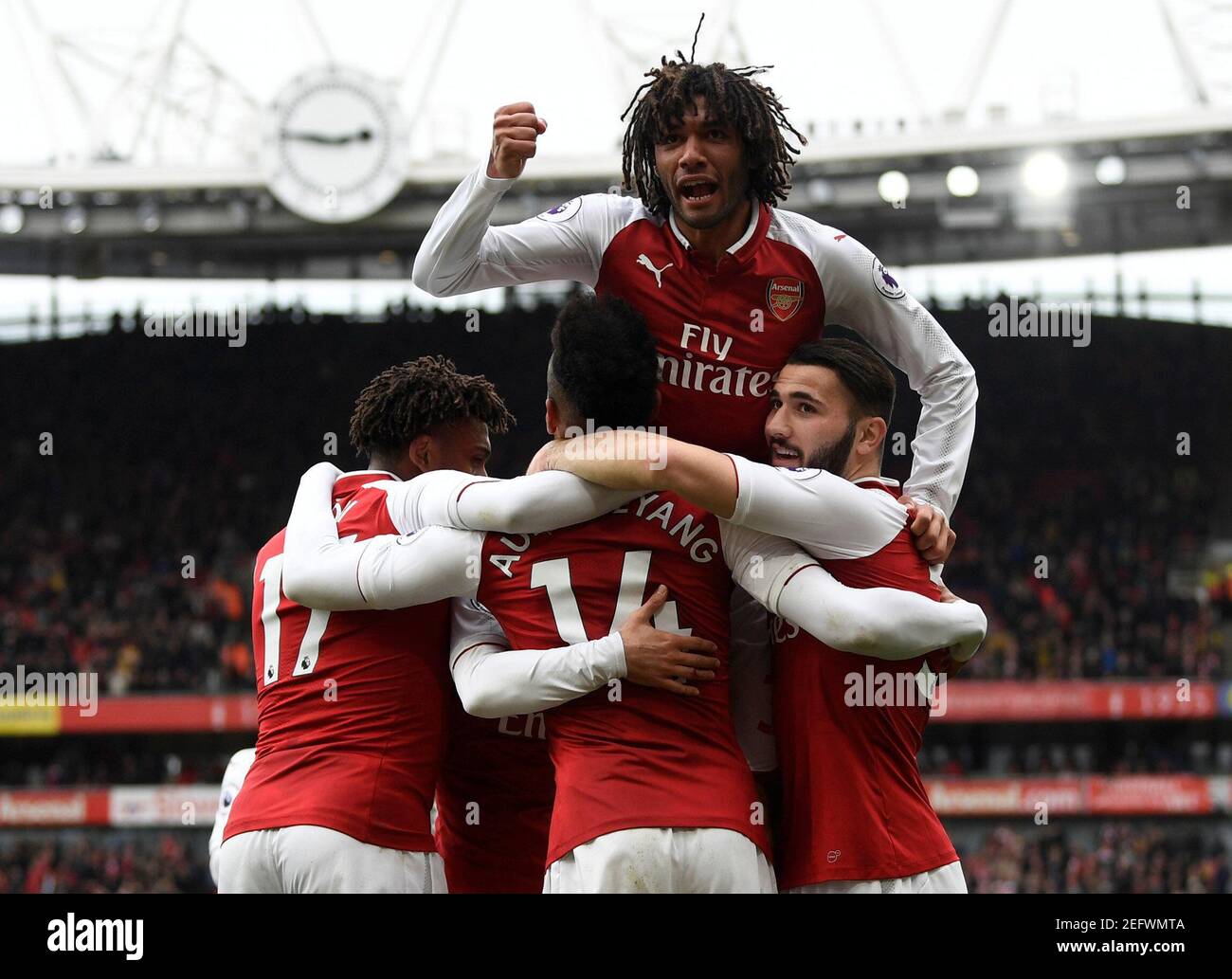 Soccer Football - Premier League - Arsenal vs Watford - Emirates Stadium, London, Britain - March 11, 2018   Arsenal's Pierre-Emerick Aubameyang celebrates scoring their second goal with team mates            Action Images via Reuters/Tony O'Brien    EDITORIAL USE ONLY. No use with unauthorized audio, video, data, fixture lists, club/league logos or 'live' services. Online in-match use limited to 75 images, no video emulation. No use in betting, games or single club/league/player publications.  Please contact your account representative for further details. Stock Photo