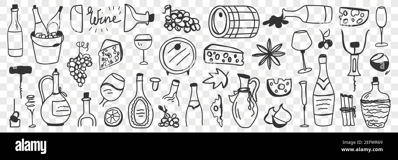 Goods for wine making doodle set. Collection of hand drawn barrels ...