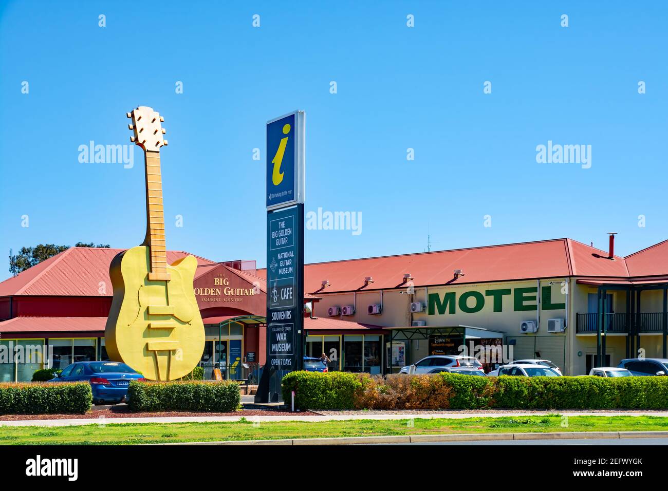 The Big Golden Guitar and motel  Tamworth Australia. Stock Photo