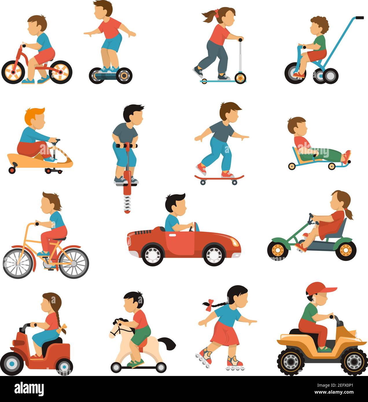 Kids transport icons set with active games symbols flat isolated vector illustration Stock Vector