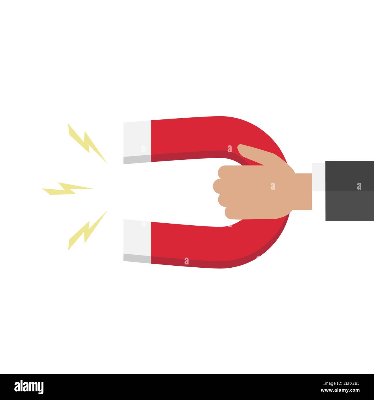 Hand with red horseshoe magnet. Businessman attracting money, customers, investment success. Vector flat illustration on blue background Stock Vector